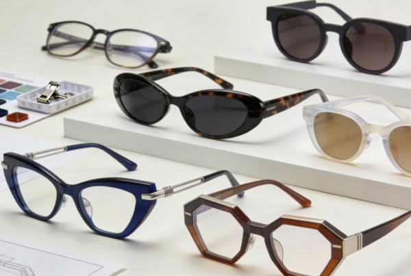 Assorted luxury, mid-tier, and budget eyewear frames displayed on a neutral development table, with color swatches, metal components, and technical drawings illustrating 2026 OEM/ODM eyewear trends from Vietnam.