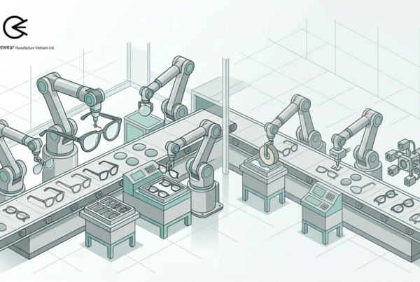 Robotic arms handling eyewear and temples for completing the manufacturing process