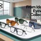 Premium banner image showing a curated tray of acetate and metal sports-lifestyle eyewear frames on a light wood meeting table, with the Concept Eyewear Manufacture Vietnam Ltd. logo in the top left and the headline “From Idea to Eyewear Collection” on the right in a modern workshop setting.