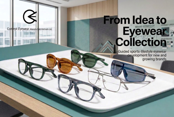 Premium banner image showing a curated tray of acetate and metal sports-lifestyle eyewear frames on a light wood meeting table, with the Concept Eyewear Manufacture Vietnam Ltd. logo in the top left and the headline “From Idea to Eyewear Collection” on the right in a modern workshop setting.