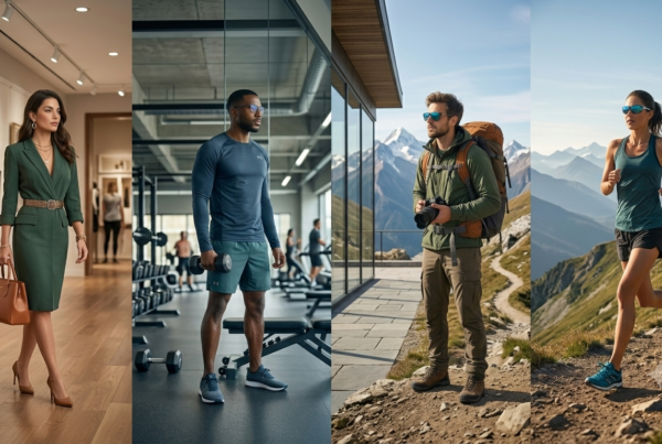 A split-screen visual divided into four vertical portrait panels representing lifestyle brand categories. From left to right: a stylish woman in a green dress holding a luxury handbag; a fit man holding a dumbbell in a modern gym wearing eyewear; a male hiker with a backpack and sunglasses on a mountain path; and a woman running on a scenic mountain trail wearing athletic sunglasses.