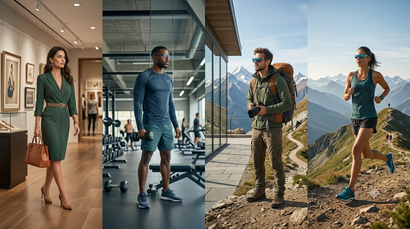 A split-screen visual divided into four vertical portrait panels representing lifestyle brand categories. From left to right: a stylish woman in a green dress holding a luxury handbag; a fit man holding a dumbbell in a modern gym wearing eyewear; a male hiker with a backpack and sunglasses on a mountain path; and a woman running on a scenic mountain trail wearing athletic sunglasses.