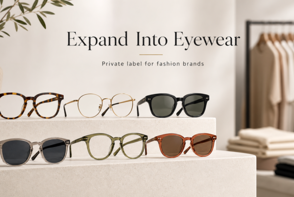 Website banner showing premium optical frames and sunglasses on a minimalist display, with blurred apparel in the background, illustrating how fashion and apparel brands expand into eyewear through private label manufacturing.