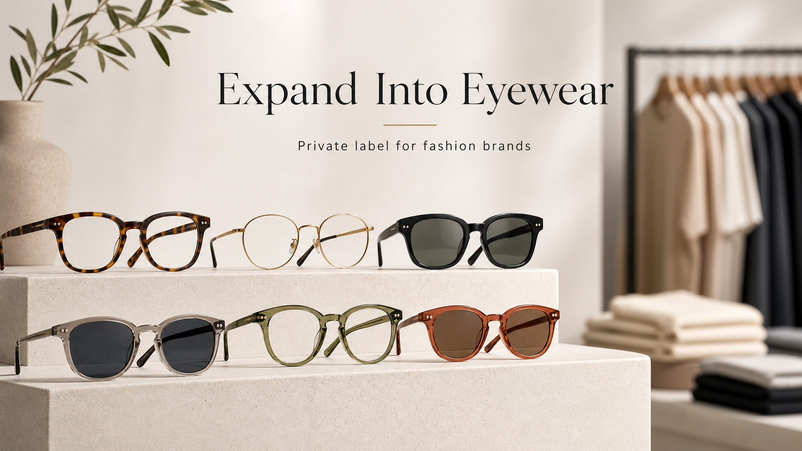 Website banner showing premium optical frames and sunglasses on a minimalist display, with blurred apparel in the background, illustrating how fashion and apparel brands expand into eyewear through private label manufacturing.