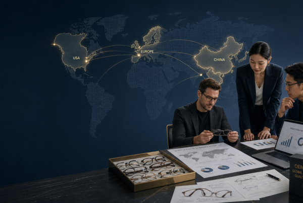Strategic eyewear sourcing team reviewing frame samples and supply chain data in front of a world map highlighting Vietnam, China, the US, and Europe for OEM/ODM production and diversification.