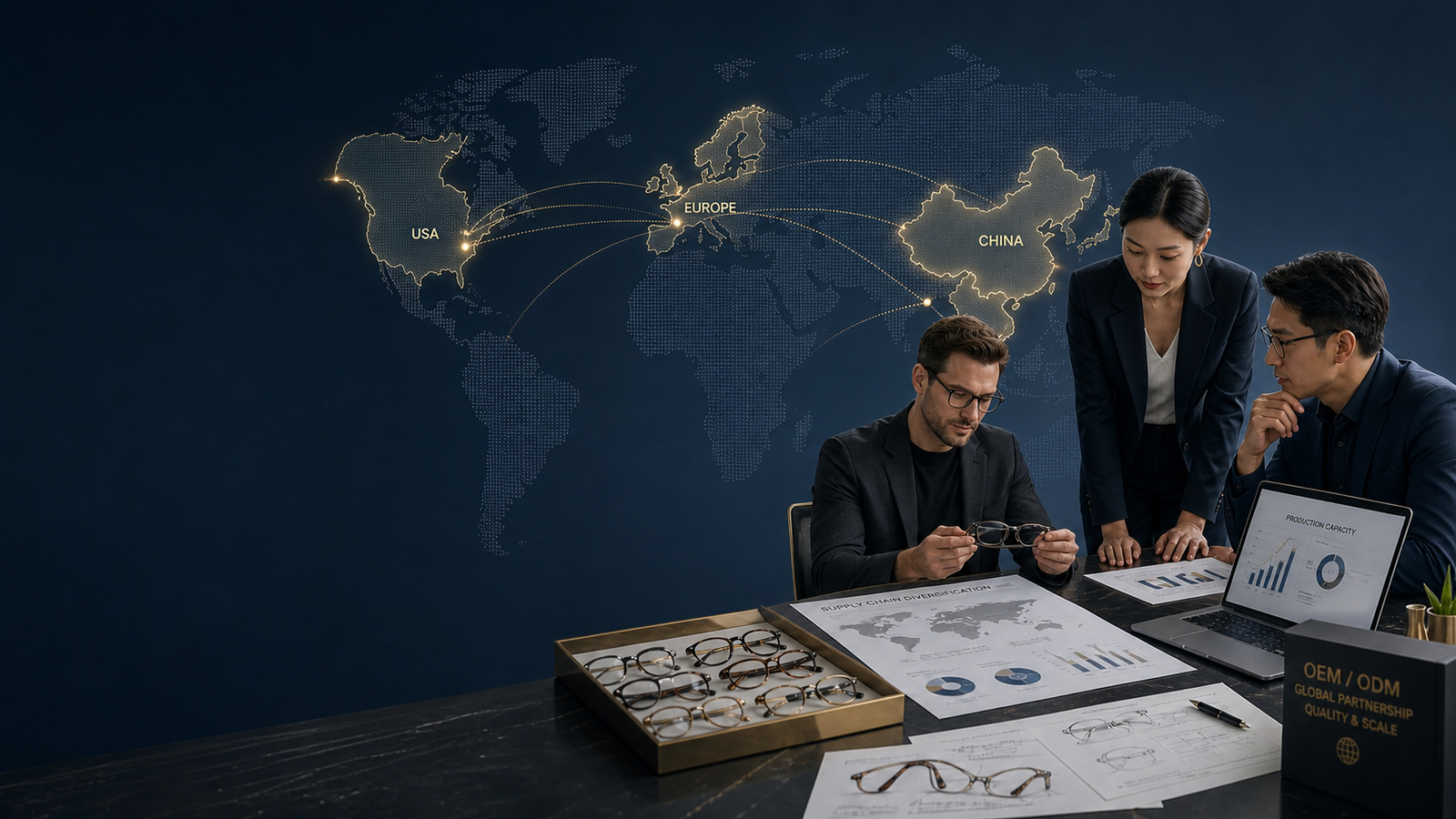 Strategic eyewear sourcing team reviewing frame samples and supply chain data in front of a world map highlighting Vietnam, China, the US, and Europe for OEM/ODM production and diversification.
