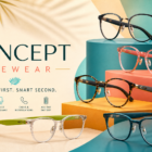 Fashion-forward smart glasses banner showing multiple Concept Eyewear frames with thin smart temples on a vibrant tropical gradient background in turquoise, coral, mango orange, lime green, hibiscus pink, and deep teal, with “Concept Eyewear” in a modern font.