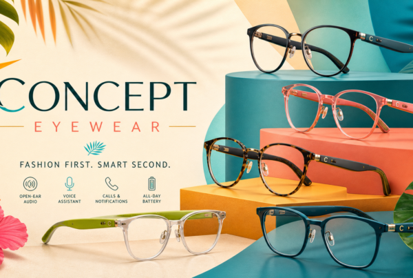 Fashion-forward smart glasses banner showing multiple Concept Eyewear frames with thin smart temples on a vibrant tropical gradient background in turquoise, coral, mango orange, lime green, hibiscus pink, and deep teal, with “Concept Eyewear” in a modern font.