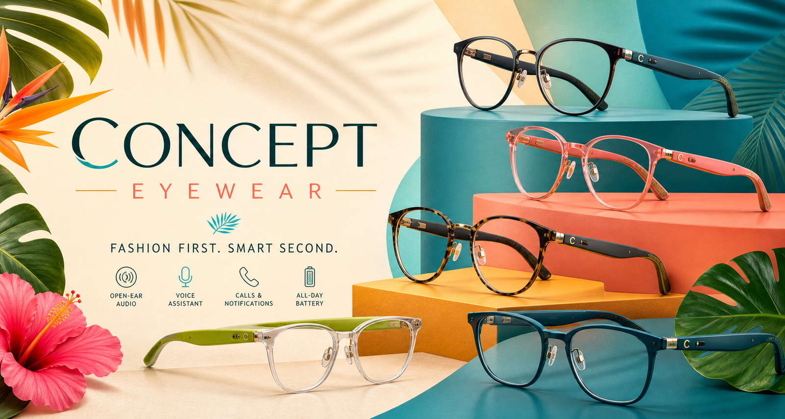 Fashion-forward smart glasses banner showing multiple Concept Eyewear frames with thin smart temples on a vibrant tropical gradient background in turquoise, coral, mango orange, lime green, hibiscus pink, and deep teal, with “Concept Eyewear” in a modern font.