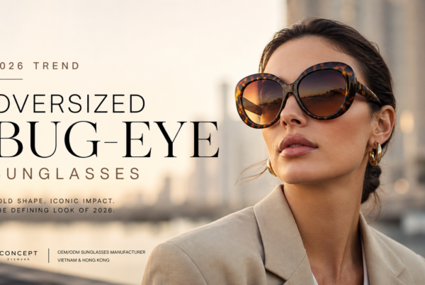 Oversized bug-eye sunglasses on a confident model in an urban 2026 setting, with warm gradient tinted lenses and tortoiseshell frames. | Concept Eyewear OEM Manufacturer