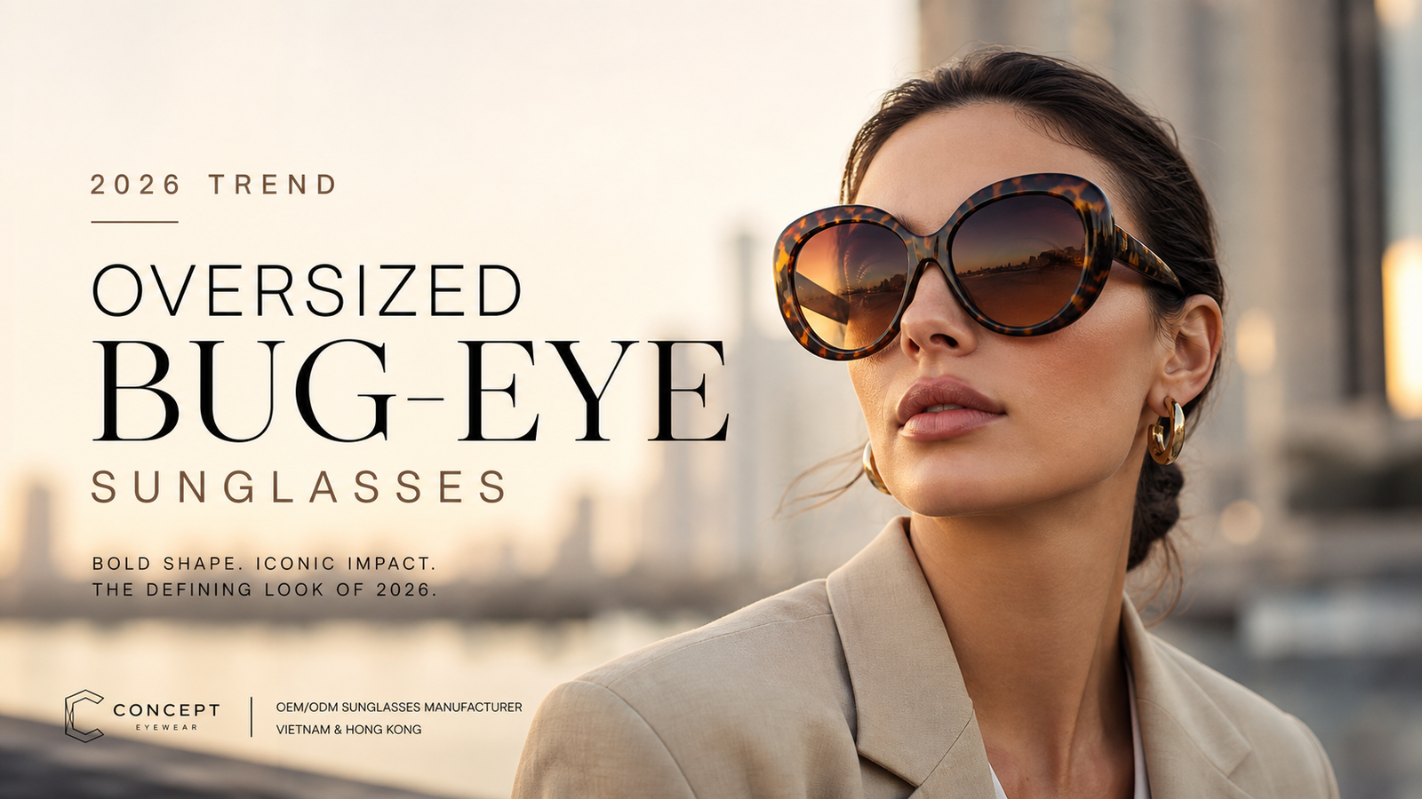 Oversized bug-eye sunglasses on a confident model in an urban 2026 setting, with warm gradient tinted lenses and tortoiseshell frames. | Concept Eyewear OEM Manufacturer