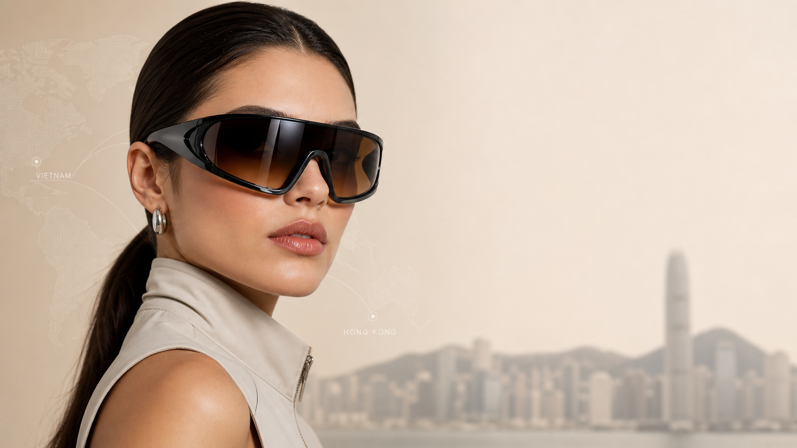 Woman wearing oversized black sunglasses and a beige sleeveless jacket against a beige backdrop with a faint world map overlay and Hong Kong skyline in the distance. | Concept Eyewear OEM Manufacturer