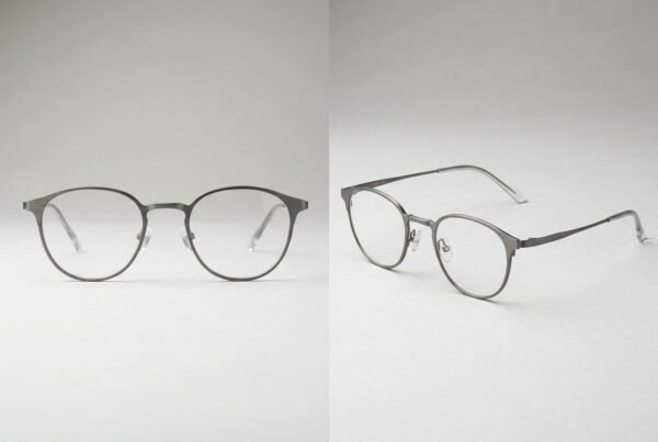 Two gender‑neutral thin metal eyeglass frames side by side, front view on the left and angled side view on the right, showcasing a minimalist 2026 unisex design for global eyewear brands.