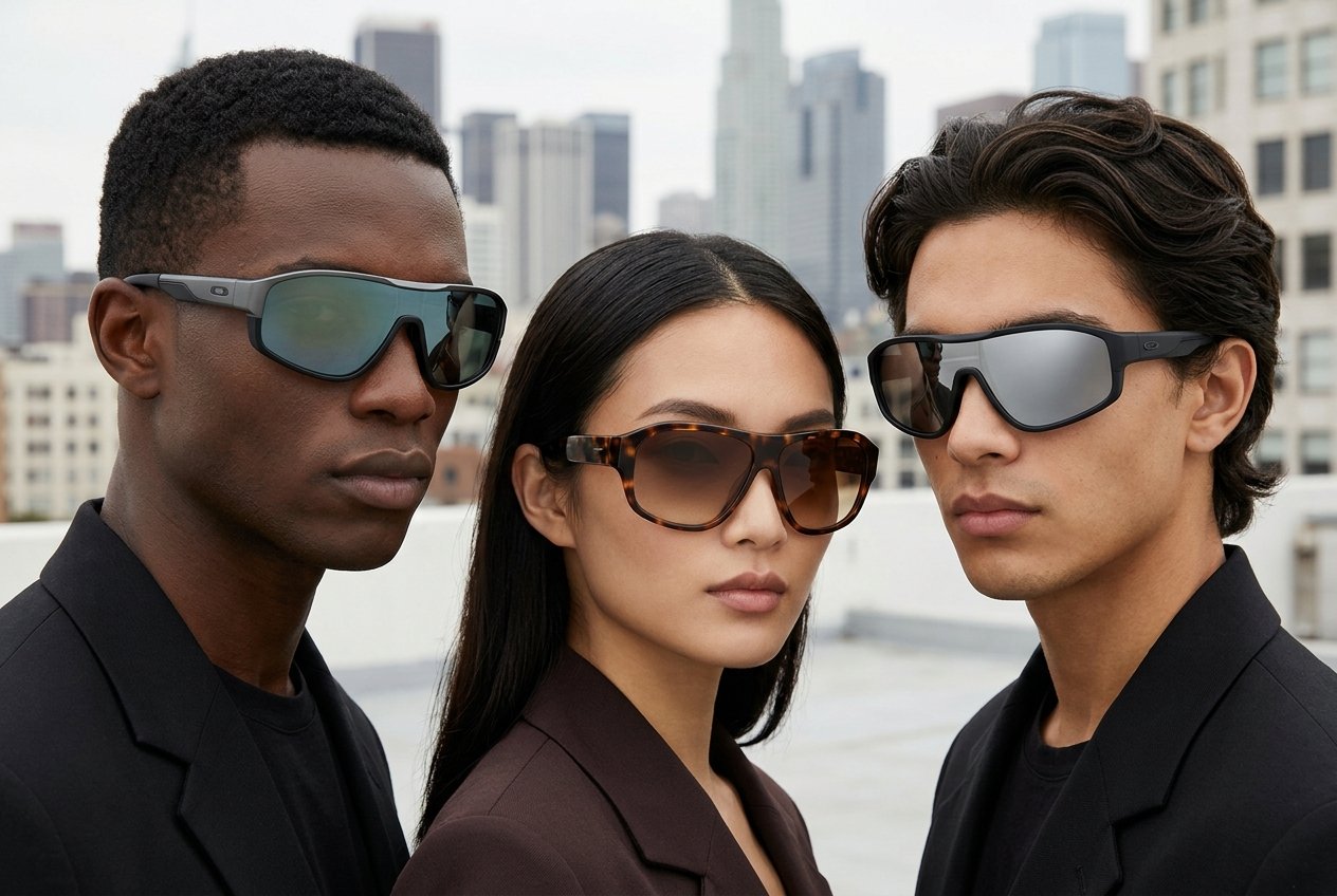 Use this as your picture-generation prompt for a modern pro | Concept Eyewear OEM Manufacturer Three models wearing sunglasses on a city rooftop, posing for a fashion shoot with a skyline in the background. | Concept Eyewear OEM Manufacturer