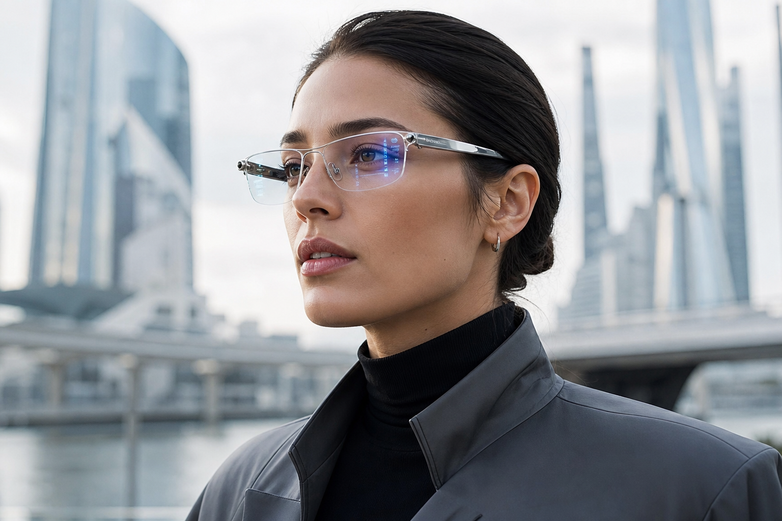 Woman wearing silver-rimmed smart glasses with a blue holographic display, urban skyline behind.
