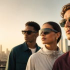 Diverse young professionals on a city rooftop at golden hour wearing sleek AI smart sunglasses in tortoise acetate, shield, and thin metal aviator styles, with subtle tech details in the temples and camera areas.