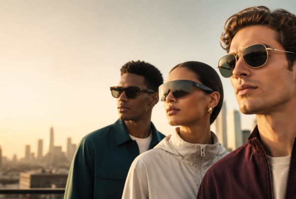 Diverse young professionals on a city rooftop at golden hour wearing sleek AI smart sunglasses in tortoise acetate, shield, and thin metal aviator styles, with subtle tech details in the temples and camera areas.