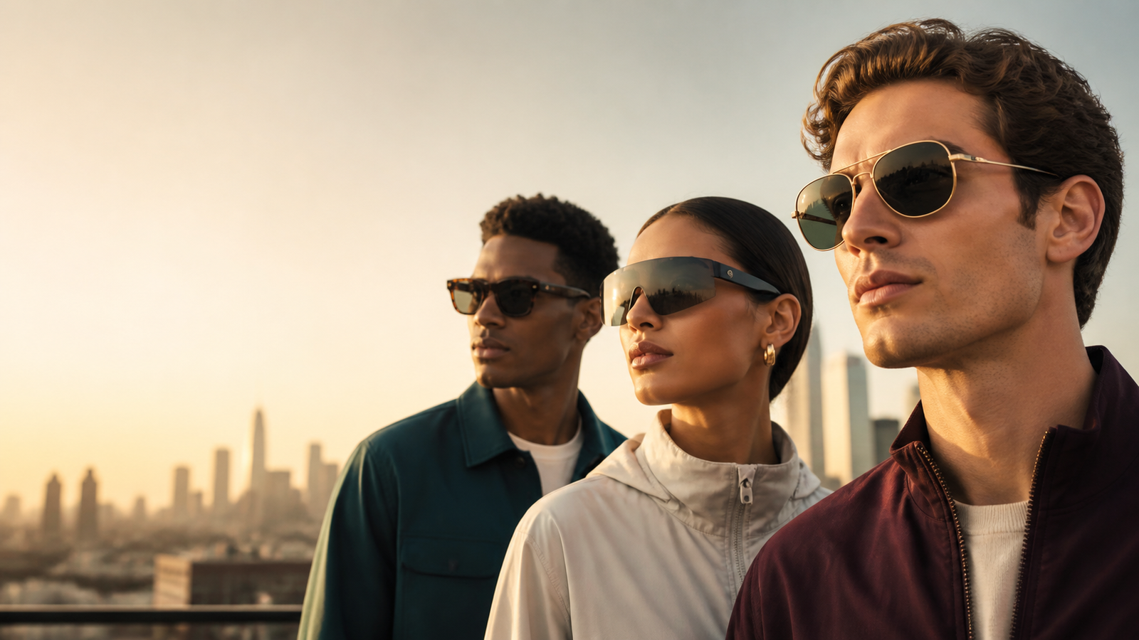 Diverse young professionals on a city rooftop at golden hour wearing sleek AI smart sunglasses in tortoise acetate, shield, and thin metal aviator styles, with subtle tech details in the temples and camera areas.