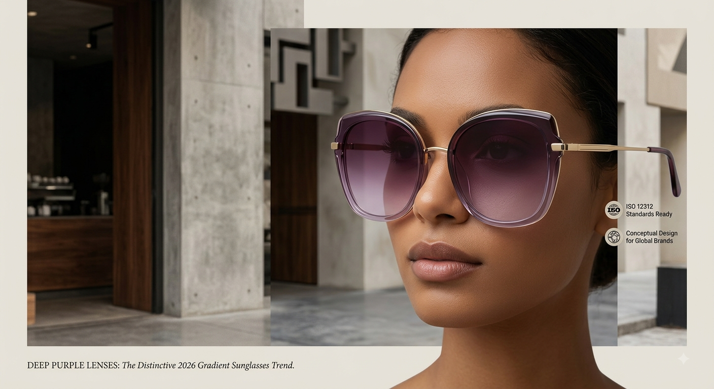 Oversized gradient sunglasses with deep purple lenses fading to mauve, in milky neutral acetate frame on a quiet-luxury studio background.