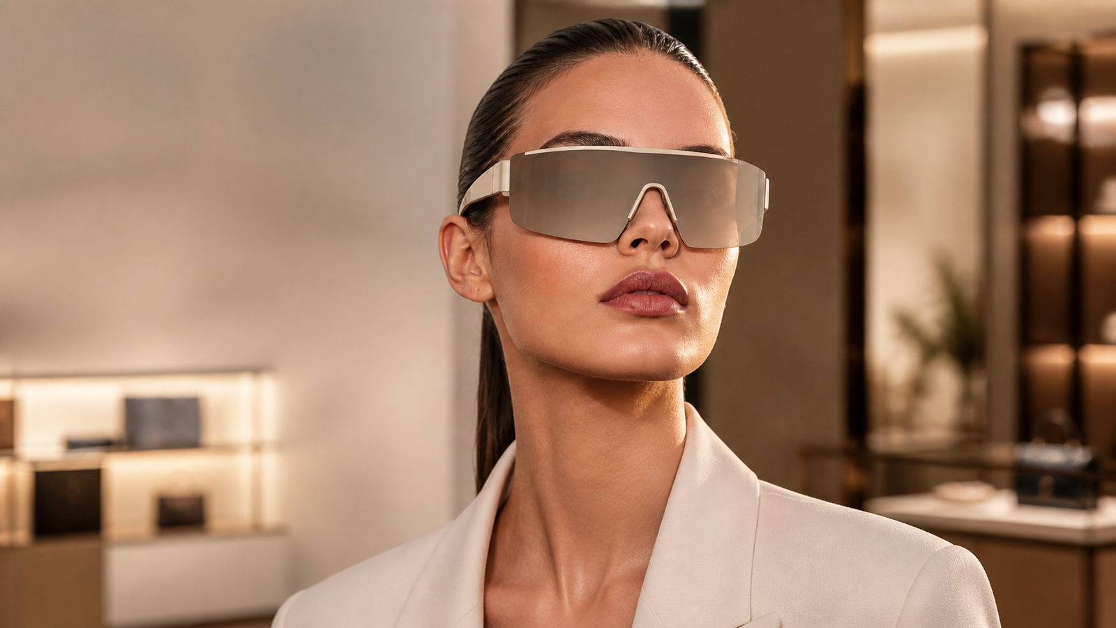 Model wearing quiet luxury acetate oversized shield sunglasses with a soft neutral gradient visor lens and milky brow in a refined studio setting.