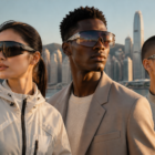 Diverse group of three adults on a rooftop at sunset wearing oversized wrap sunglasses, with a clear sky and no visible branding.