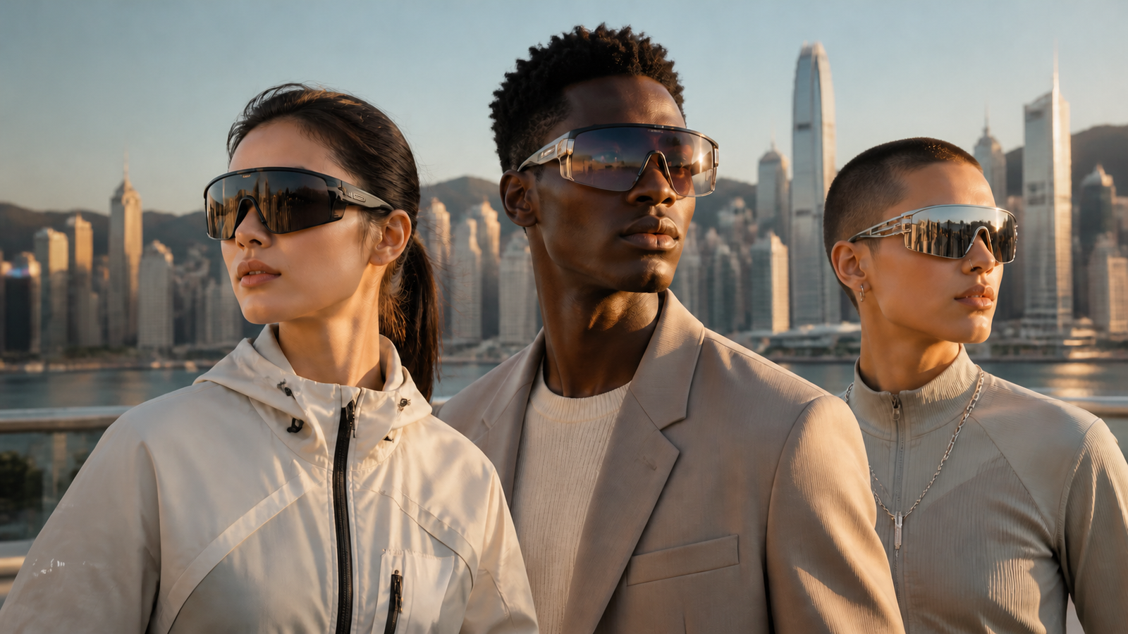 Diverse group of three adults on a rooftop at sunset wearing oversized wrap sunglasses, with a clear sky and no visible branding.