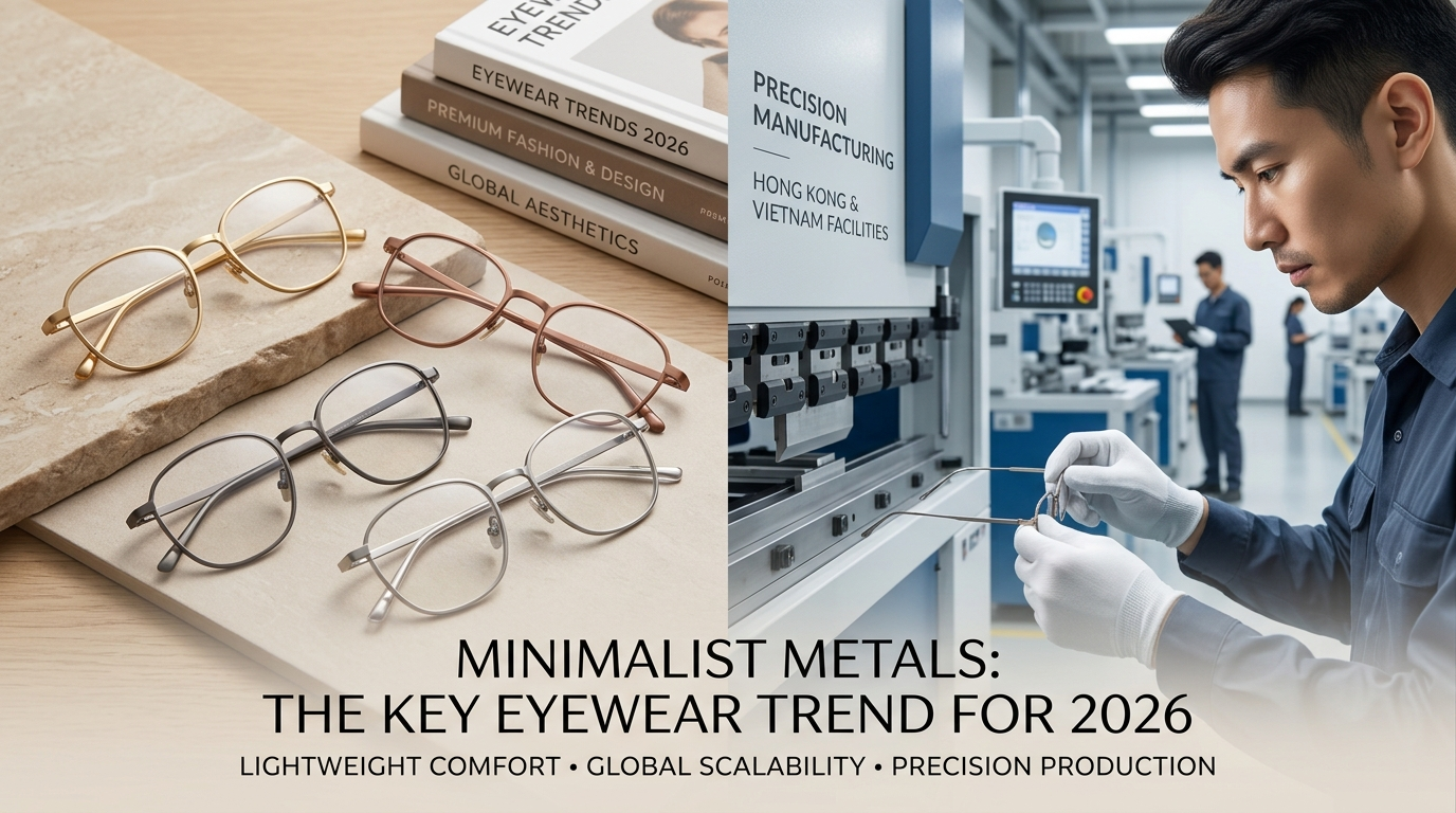 A split image. On the left, four minimalist metal eyewear frames are displayed on a wooden surface with stacked books. On the right, a technician in a factory setting carefully inspects a metal frame near industrial machinery. Large text overlay reads: "2026 EYEWEAR FORECAST," with subtext on quality and design.