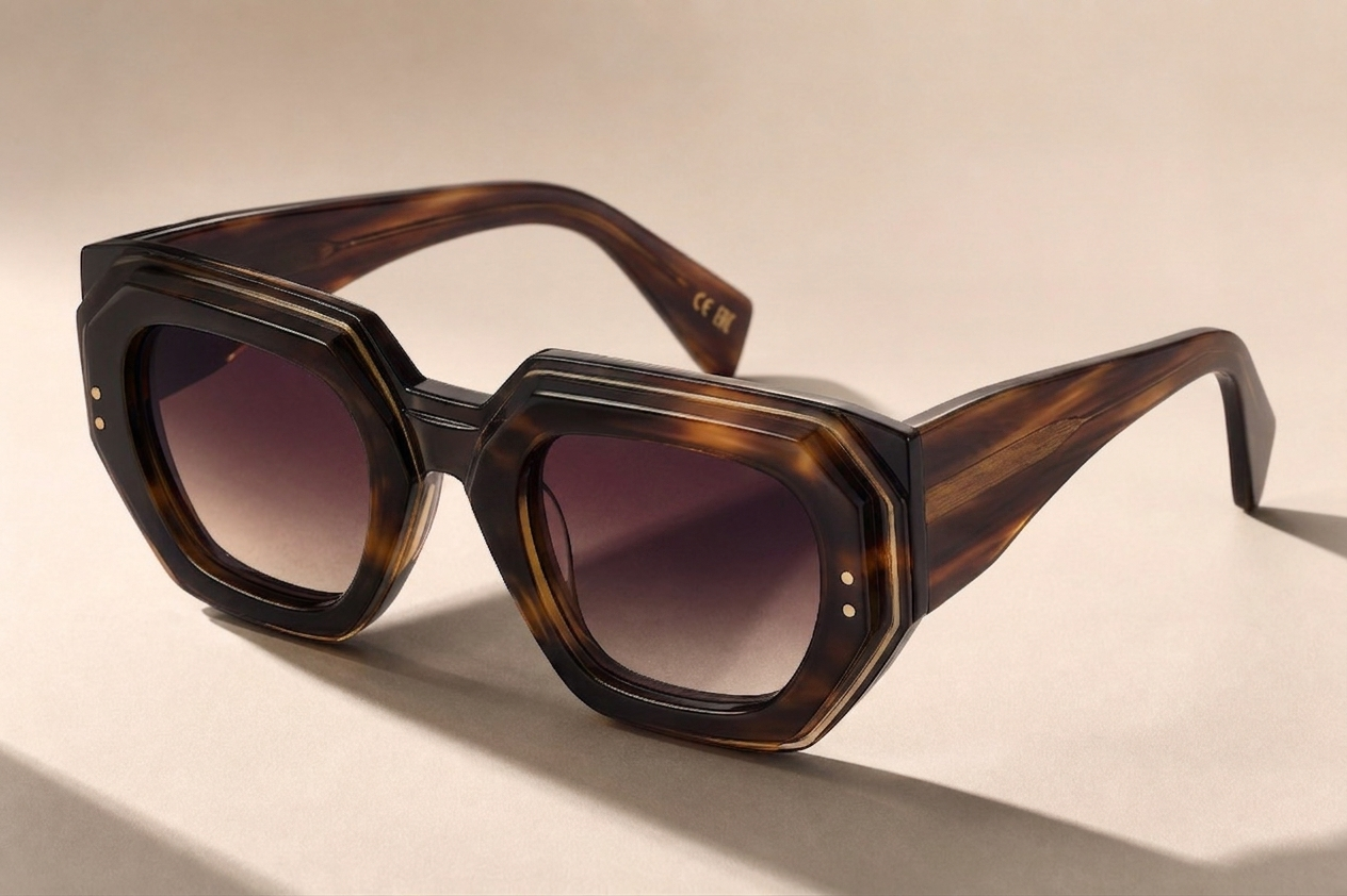 Geometric tortoiseshell acetate sunglasses with gradient lenses resting on a neutral, textured surface.