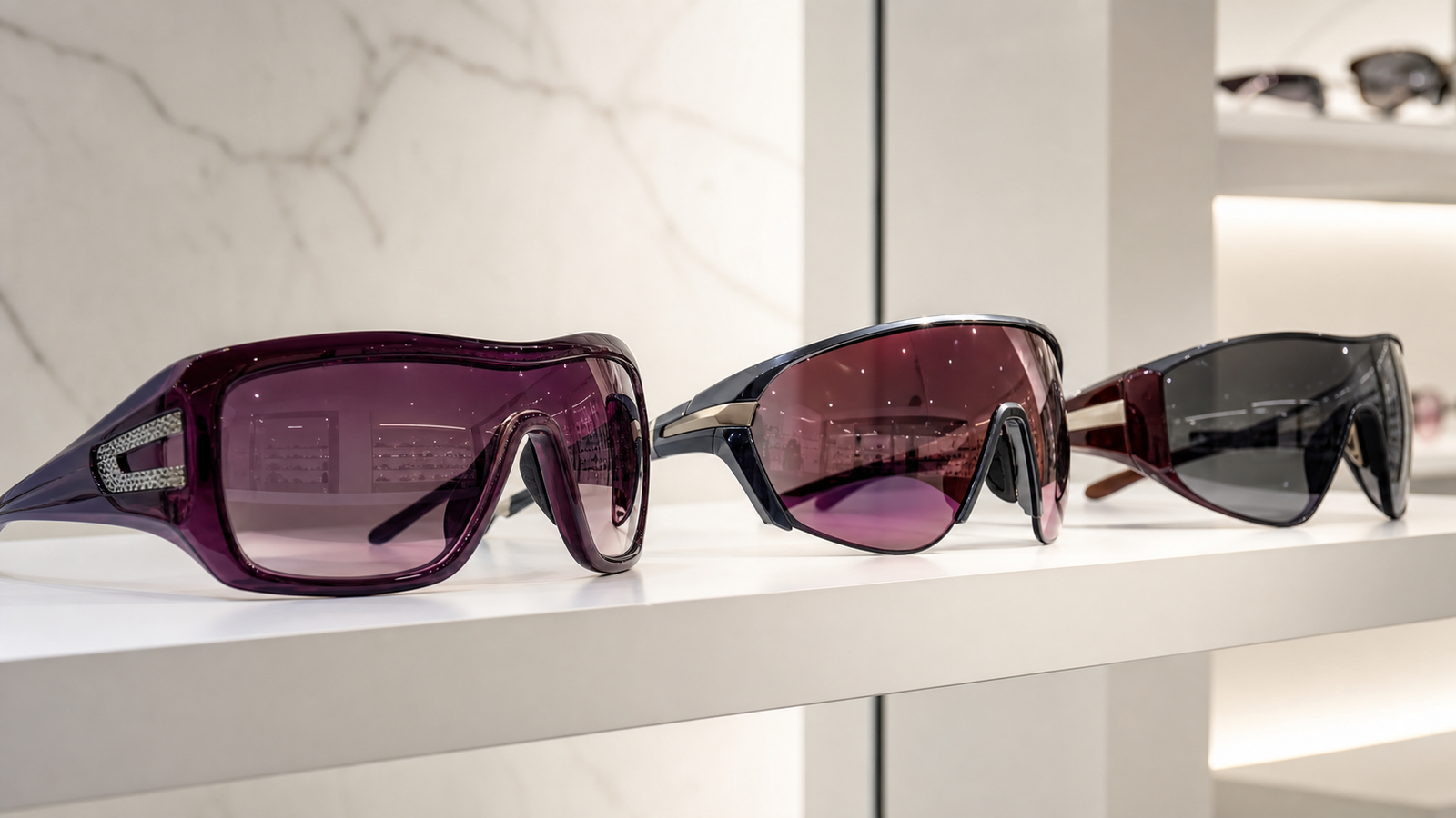Three pairs of oversized sunglasses with purple-tinted lenses on a white display shelf in a showroom.