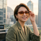 A smiling woman with short hair and a green blazer wears light amber gradient sunglasses on a rooftop with a blurred city skyline background at sunset.