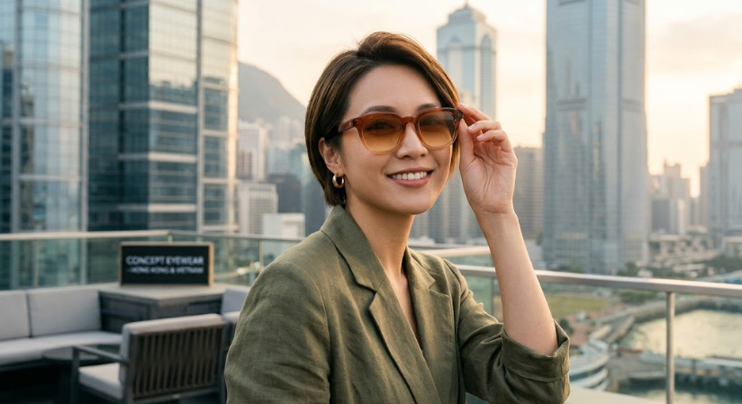 Leading the 2026 Sunwear Trend: Gradient Lenses and Global Manufacturing Excellence – Concept Eyewear A smiling woman with short hair and a green blazer wears light amber gradient sunglasses on a rooftop with a blurred city skyline background at sunset.