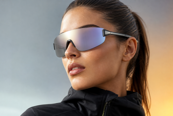 Futuristic shield sunglasses with a continuous mirrored lens and slim sport-luxe temples on a model, shot in a clean gradient studio background for a 2026 OEM/ODM trend hero image.