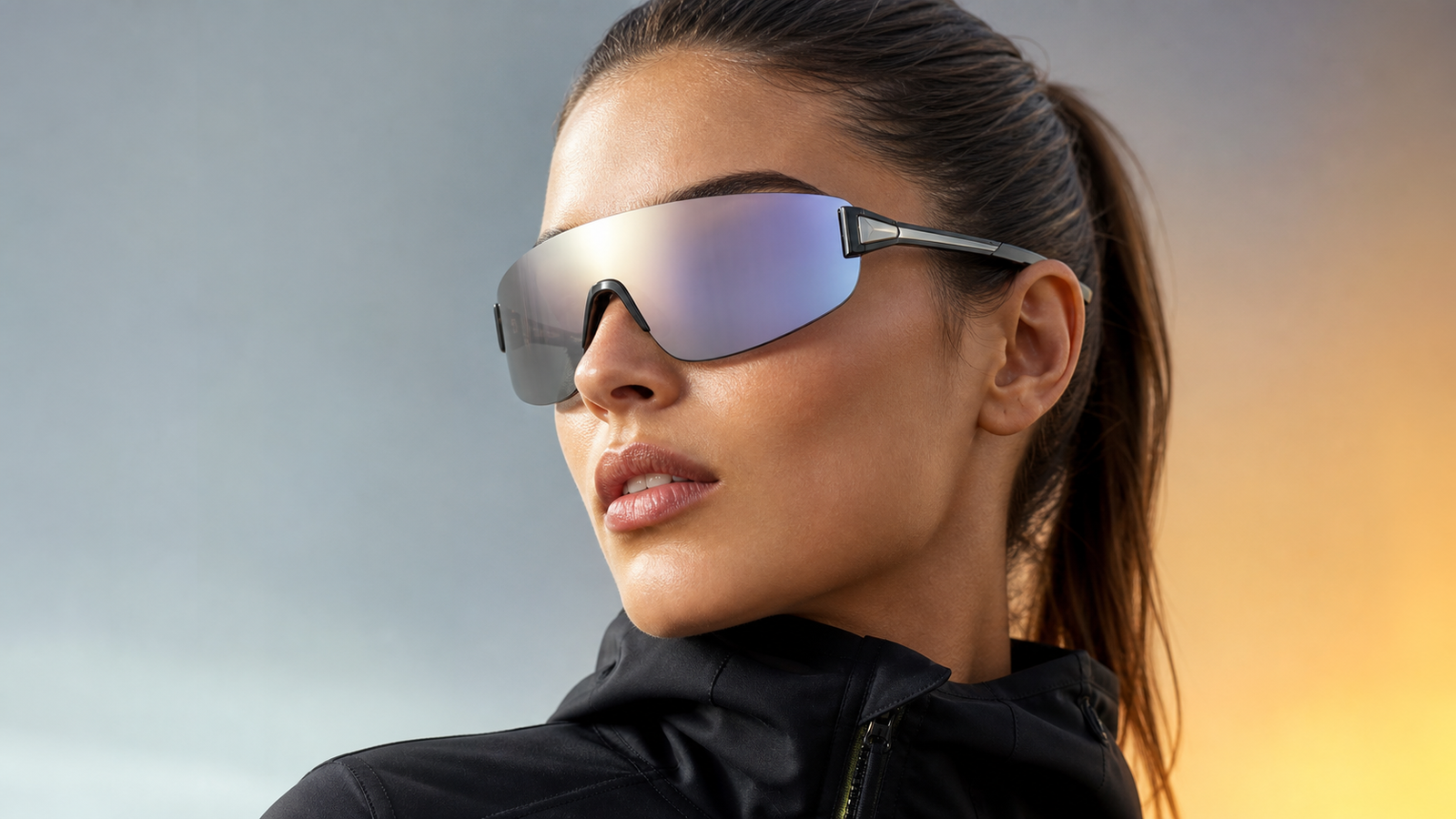 Futuristic Shield Sunglasses OEM Hero Image – Concept Eyewear Futuristic shield sunglasses with a continuous mirrored lens and slim sport-luxe temples on a model, shot in a clean gradient studio background for a 2026 OEM/ODM trend hero image.