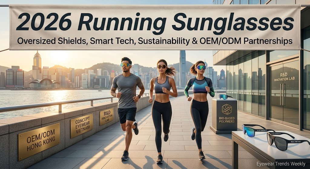 2026 Running Sunglasses Trends: Oversized Shields & Manufacturing Innovation – Concept Eyewear Three runners wearing modern oversized shield sunglasses on a coastal promenade with clean corporate branding elements in the background.
