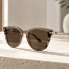Neutral acetate quiet luxury sunglasses in soft taupe with subtle tortoise accents on a minimalist stone surface, softly lit for a premium 2026 OEM/ODM hero shot.