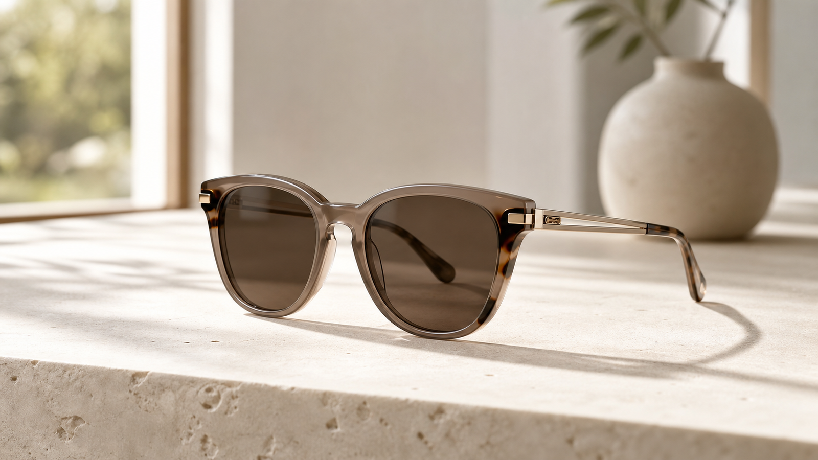 Neutral acetate quiet luxury sunglasses in soft taupe with subtle tortoise accents on a minimalist stone surface, softly lit for a premium 2026 OEM/ODM hero shot.
