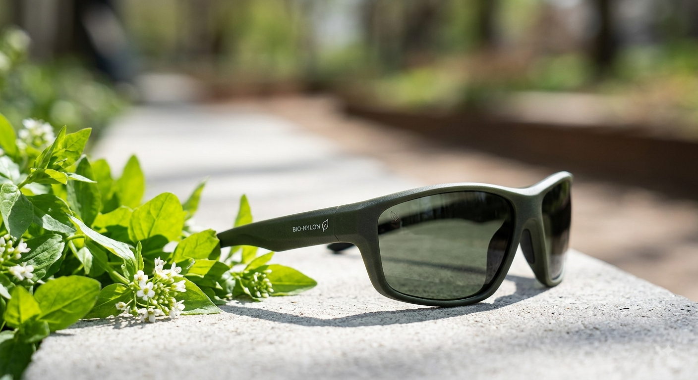 A pair of matte green, sport-style bio-nylon sunglasses resting on a light stone surface next to fresh green leaves and small flowers, illustrating performance and eco-friendly material for a blog post.