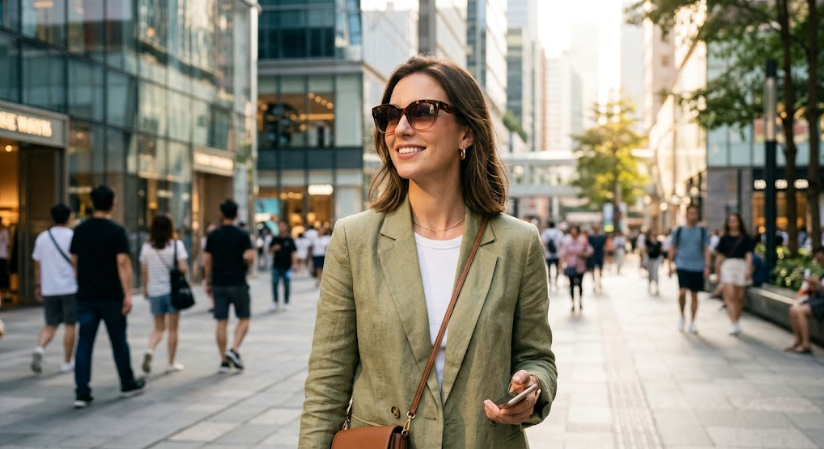 Premium Gradient Eyewear for 2026 Commercial Trends – Concept Eyewear A smiling woman in an olive linen blazer wears tortoise-shell cat-eye sunglasses with soft gradient lenses, walking on a modern urban street with blurred pedestrians.