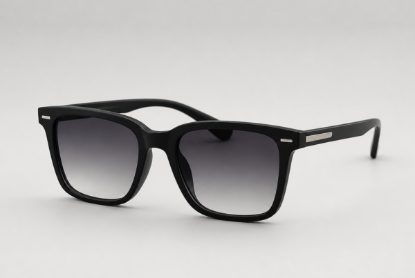 Black square-framed sunglasses with gradient gray lenses on a light gray background.