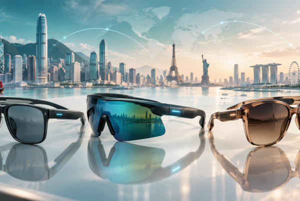 AI Smart Sunglasses OEM/ODM Hero Image – Concept Eyewear Premium AI smart sunglasses in three modern styles on a reflective surface, with subtle embedded tech details and a global city skyline background.
