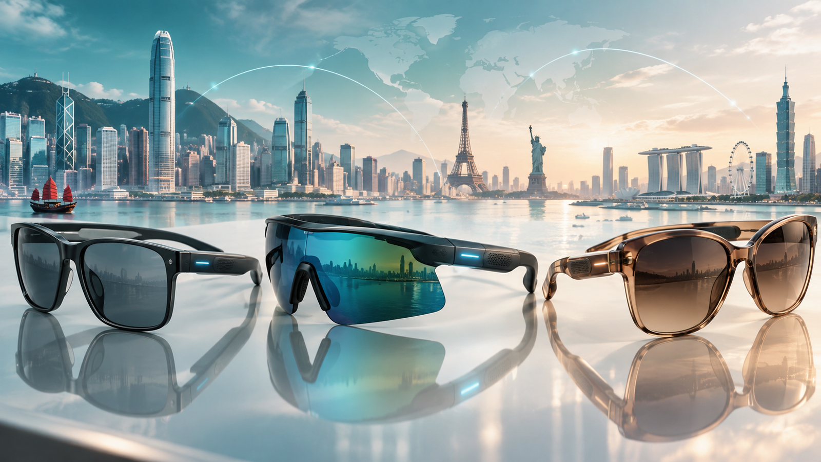 Premium AI smart sunglasses in three modern styles on a reflective surface, with subtle embedded tech details and a global city skyline background.