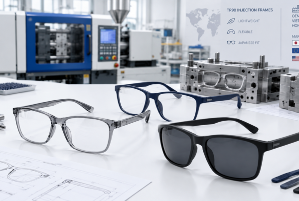 TR90インジェクションフレーム製造ヒーロー画像 – Concept Eyewear TR90インジェクション成形されたメガネフレームとサングラスが、金型とインジェクションマシンを背景にしたクリーンな作業台に並んでいるビジネス向けヒーロー画像。