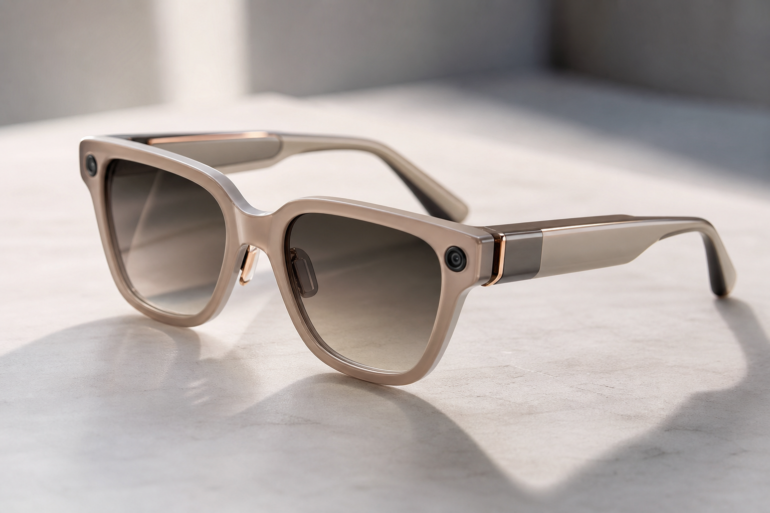 Beige oversized sunglasses with dark gradient lenses resting on a light marble surface, showing metallic hinges.