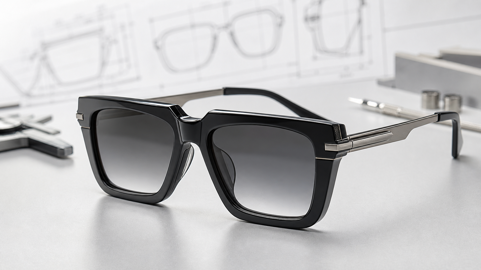Robust luxury sunglasses in thick acetate with titanium temples on a studio background for a 2026 Concept Eyewear OEM/ODM collection.