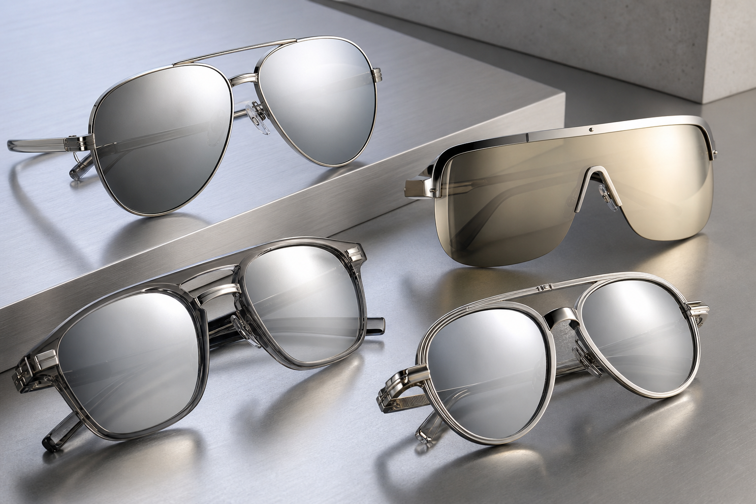 Close-up studio shot of multiple chrome metallic sunglasses with reflective mirror lenses arranged on a minimal, neutral background.