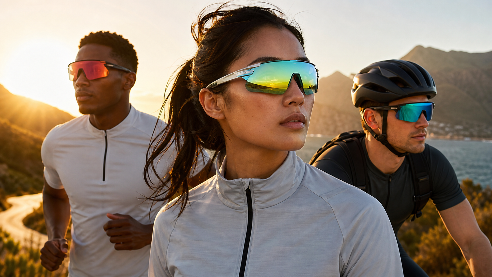 Three athletes wearing mirrored sporty shield sunglasses during outdoor activities at golden hour.