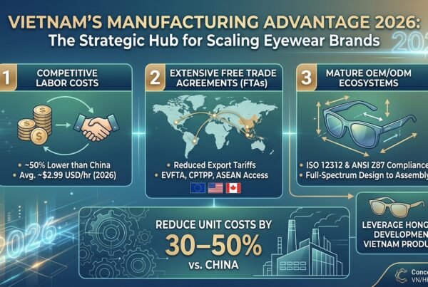 The Strategic Case for Vietnam in Eyewear Manufacturing: A 2026 Outlook – Concept Eyewear An infographic titled "VIETNAM'S MANUFACTURING ADVANTAGE 2026: The Strategic Hub for Scaling Eyewear Brands" highlighting three pillars: Competitive Labor Costs, Extensive Free Trade Agreements (FTAs), and Mature OEM/ODM Ecosystems, with details on cost savings, market access, and technical compliance.