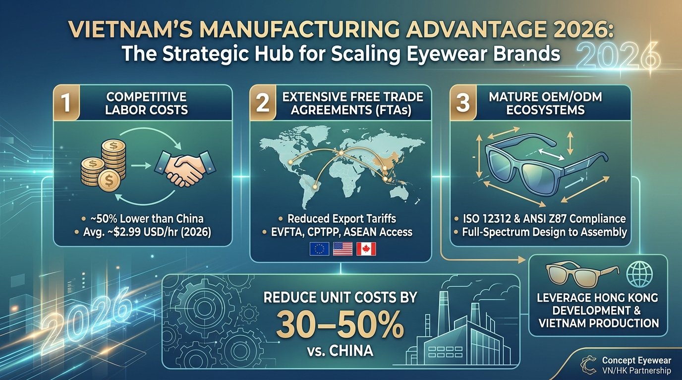 An infographic titled "VIETNAM'S MANUFACTURING ADVANTAGE 2026: The Strategic Hub for Scaling Eyewear Brands" highlighting three pillars: Competitive Labor Costs, Extensive Free Trade Agreements (FTAs), and Mature OEM/ODM Ecosystems, with details on cost savings, market access, and technical compliance.