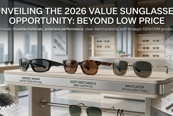Unveiling the 2026 Value Sunglasses Opportunity: Beyond Low Price – Concept Eyewear Three styles of 2026 value sunglasses—an injection nylon unisex wrap, a bio-acetate soft rectangle, and a stainless steel navigator—displayed on a modern presentation stand with design technical blueprints in the background.