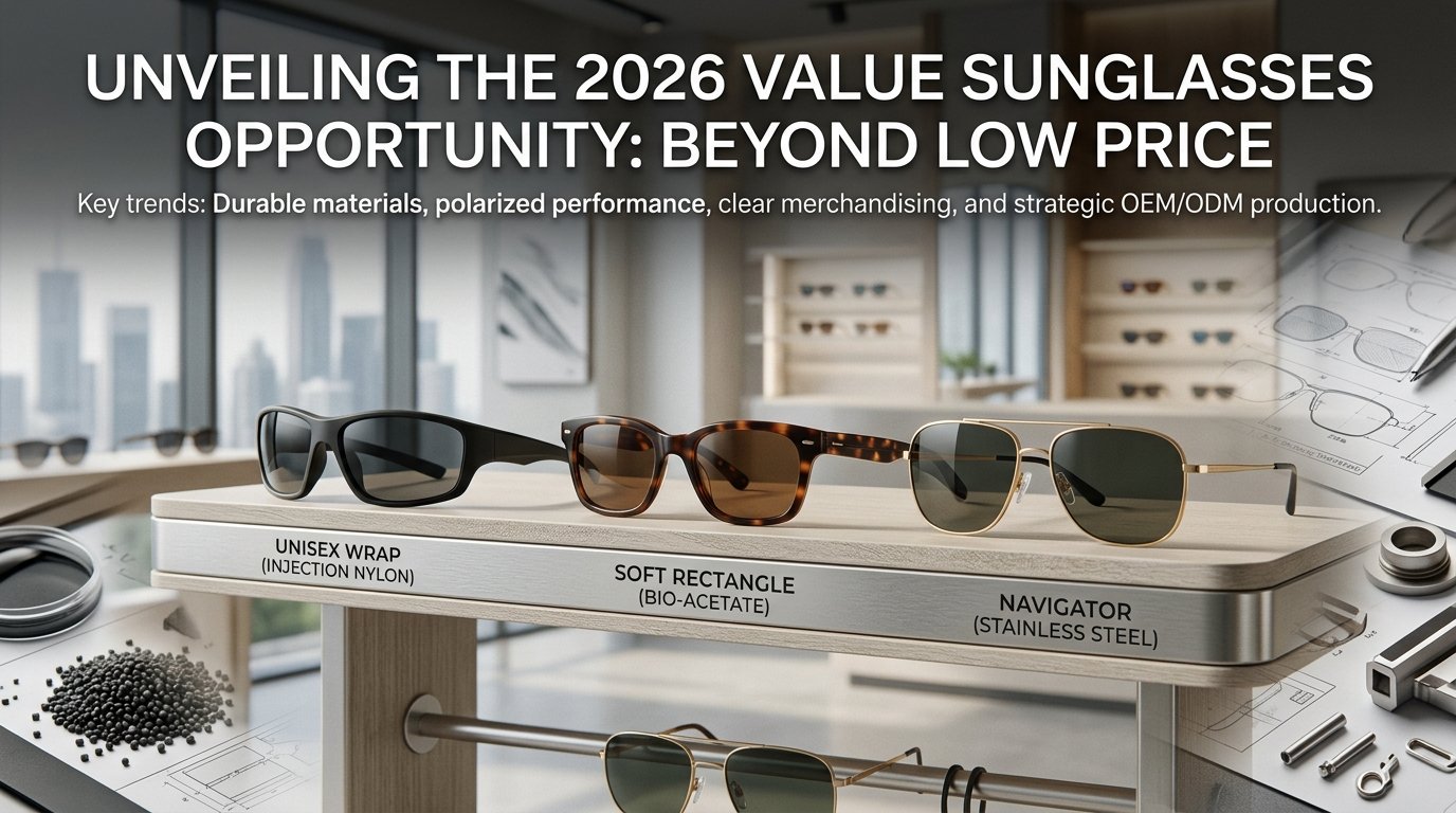 Three styles of 2026 value sunglasses—an injection nylon unisex wrap, a bio-acetate soft rectangle, and a stainless steel navigator—displayed on a modern presentation stand with design technical blueprints in the background.